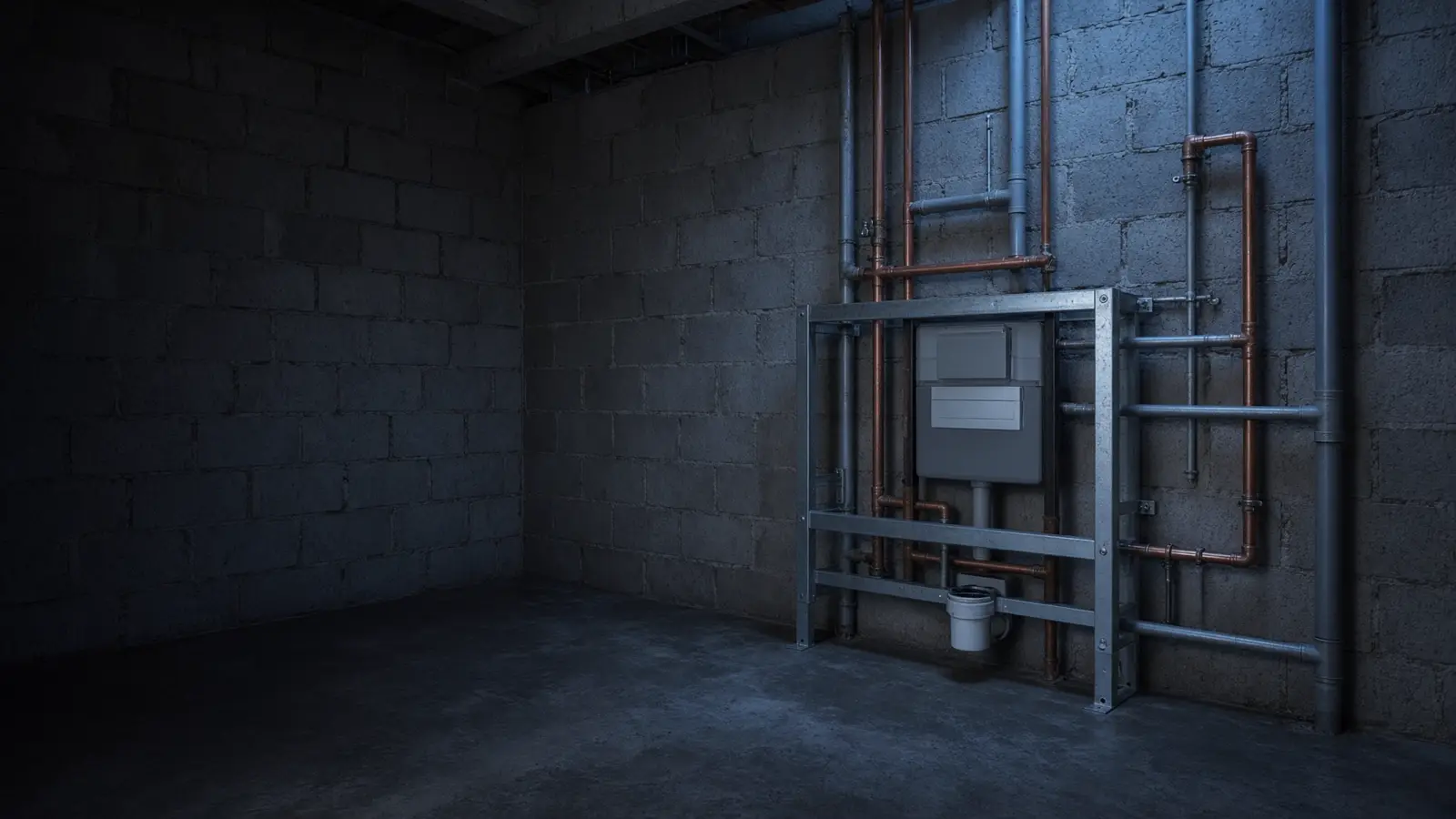 Rohinstallation im Rohbau: Vorwandelement und verlegte Leitungen auf blankem Mauerwerk